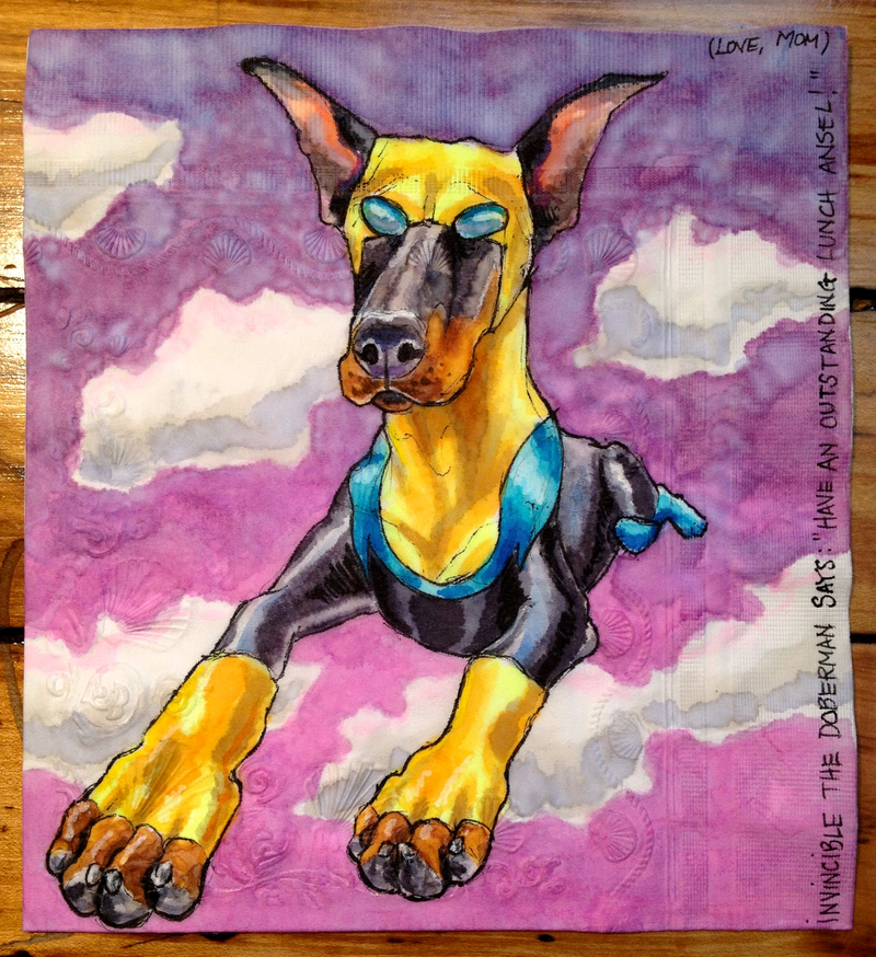 Illustration for article titled Artist draws superpowered canines on her sons' lunch napkins